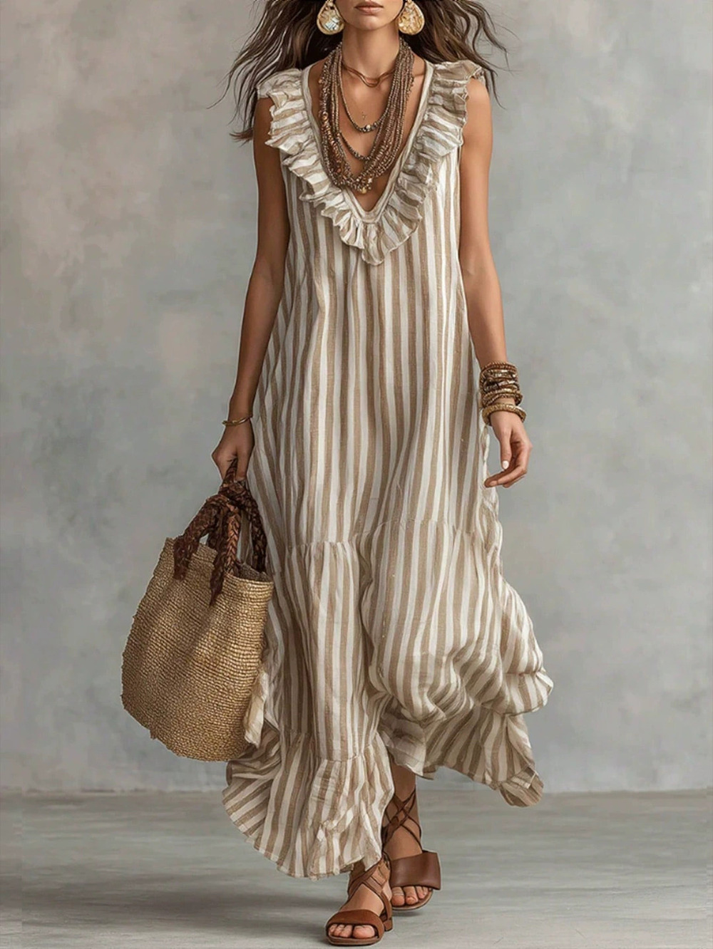 ZARA Summer Striped Ruffle Sleeveless Dress Loose Bohemian Vacation